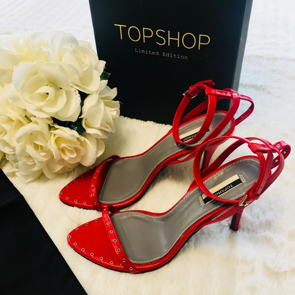 TOPSHOP Studded Limited Edition “Paisley” Leather Ankle Heels Red EU 39 / US 8.5 - Picture 7 of 15